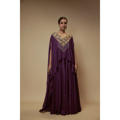 KEITH GOMES Purple Silk Flare Palazzo With Cape Top And Slip (Set of 3)