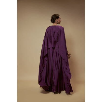 KEITH GOMES Purple Silk Flare Palazzo With Cape Top And Slip (Set of 3)