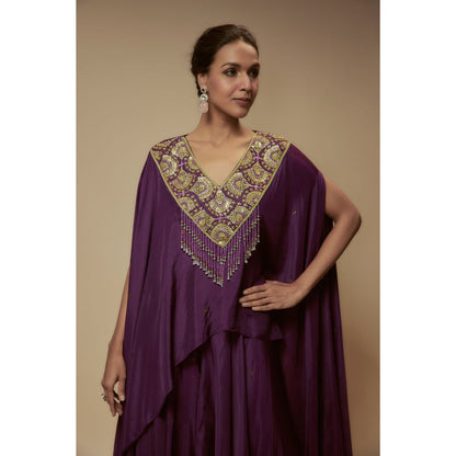 KEITH GOMES Purple Silk Flare Palazzo With Cape Top And Slip (Set of 3)