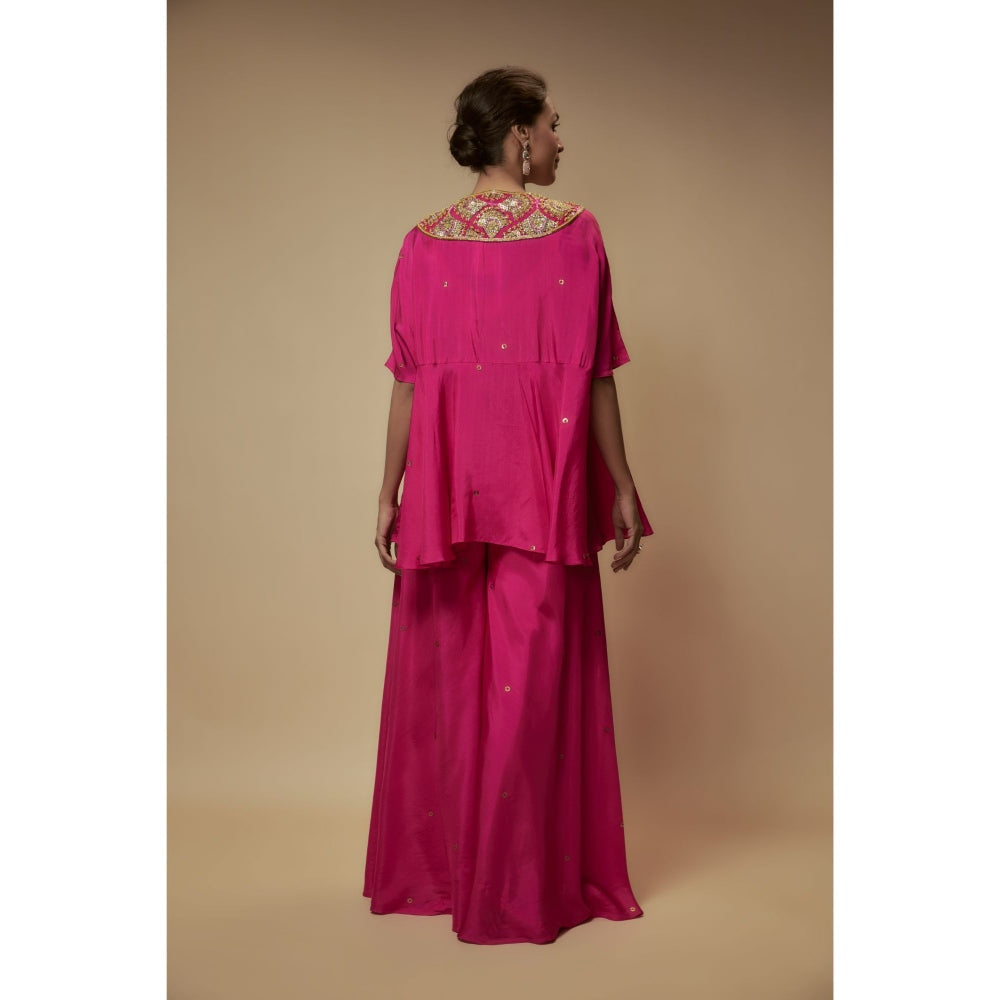 KEITH GOMES Pink Silk Flare Palazzo With Top And Slip (Set of 3)