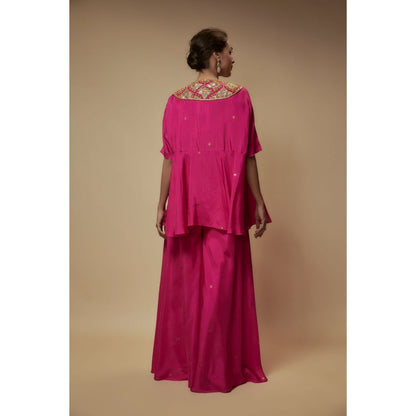 KEITH GOMES Pink Silk Flare Palazzo With Top And Slip (Set of 3)