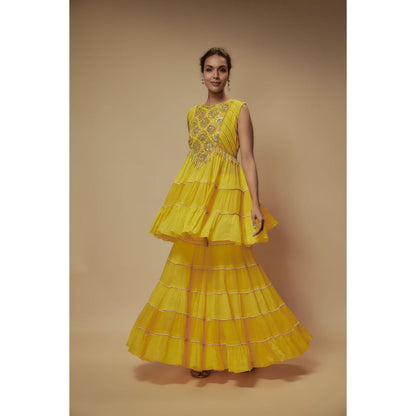 KEITH GOMES Yellow Chiffon Crepe Tier Sharara With Top And Slip (Set of 3)