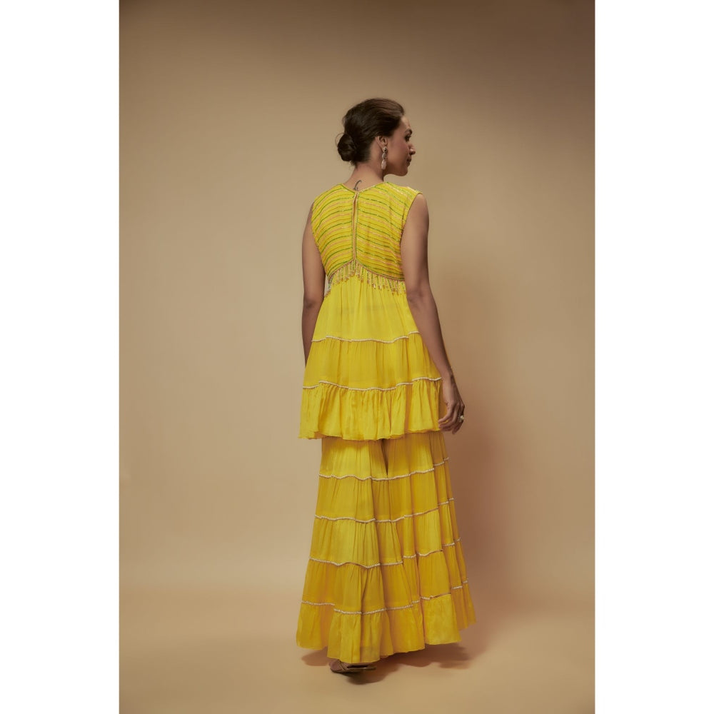 KEITH GOMES Yellow Chiffon Crepe Tier Sharara With Top And Slip (Set of 3)