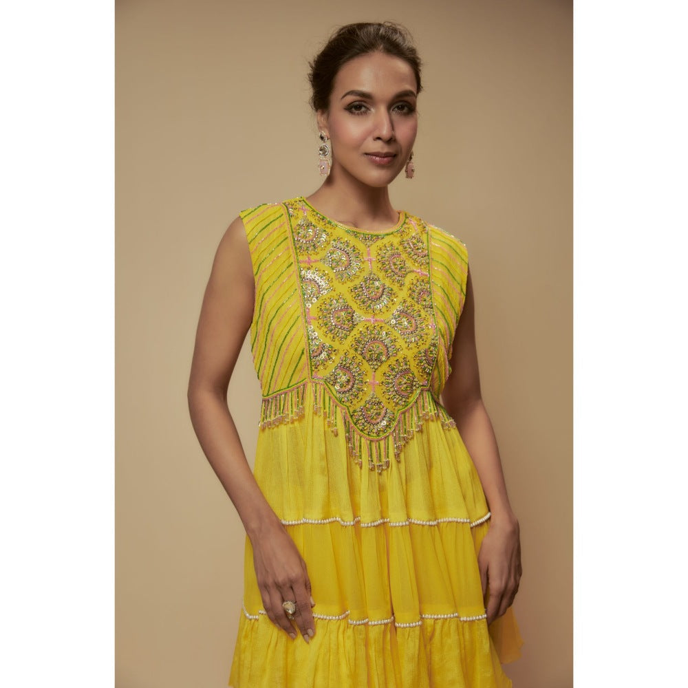 KEITH GOMES Yellow Chiffon Crepe Tier Sharara With Top And Slip (Set of 3)