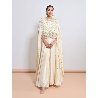 KEITH GOMES Ivory Embroidered Cape with Slip and Palazzo