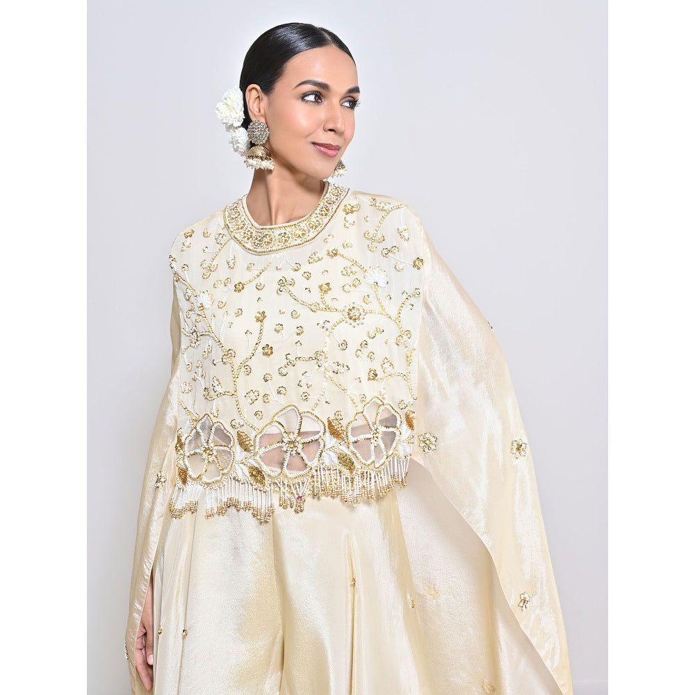 KEITH GOMES Ivory Embroidered Cape with Slip and Palazzo
