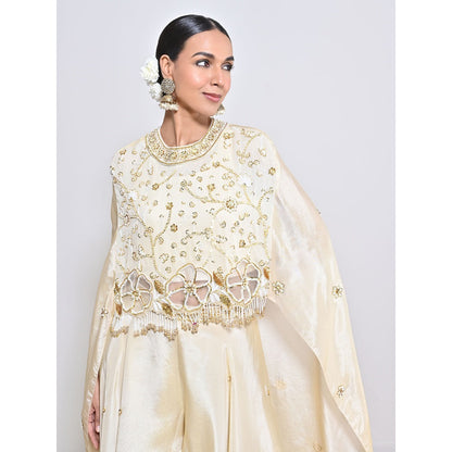 KEITH GOMES Ivory Embroidered Cape with Slip and Palazzo