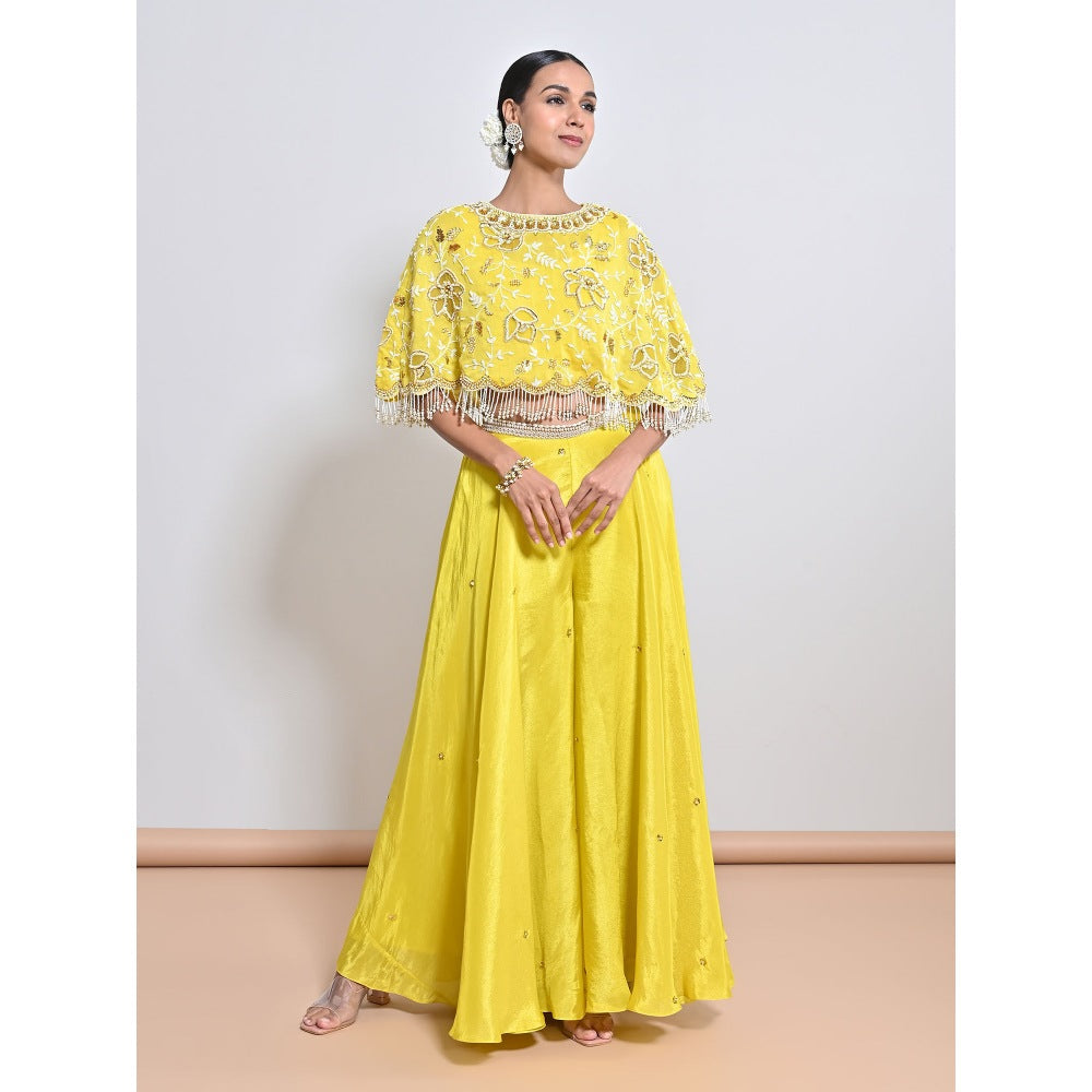 KEITH GOMES Yellow Embroidered Cape with Slip and Palazzo