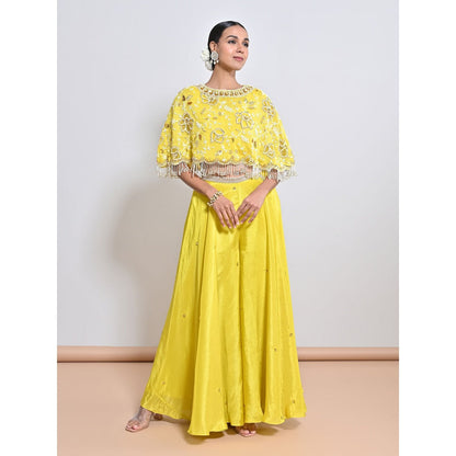 KEITH GOMES Yellow Embroidered Cape with Slip and Palazzo