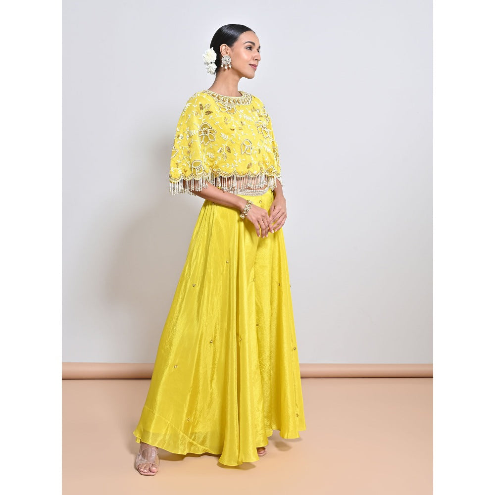 KEITH GOMES Yellow Embroidered Cape with Slip and Palazzo