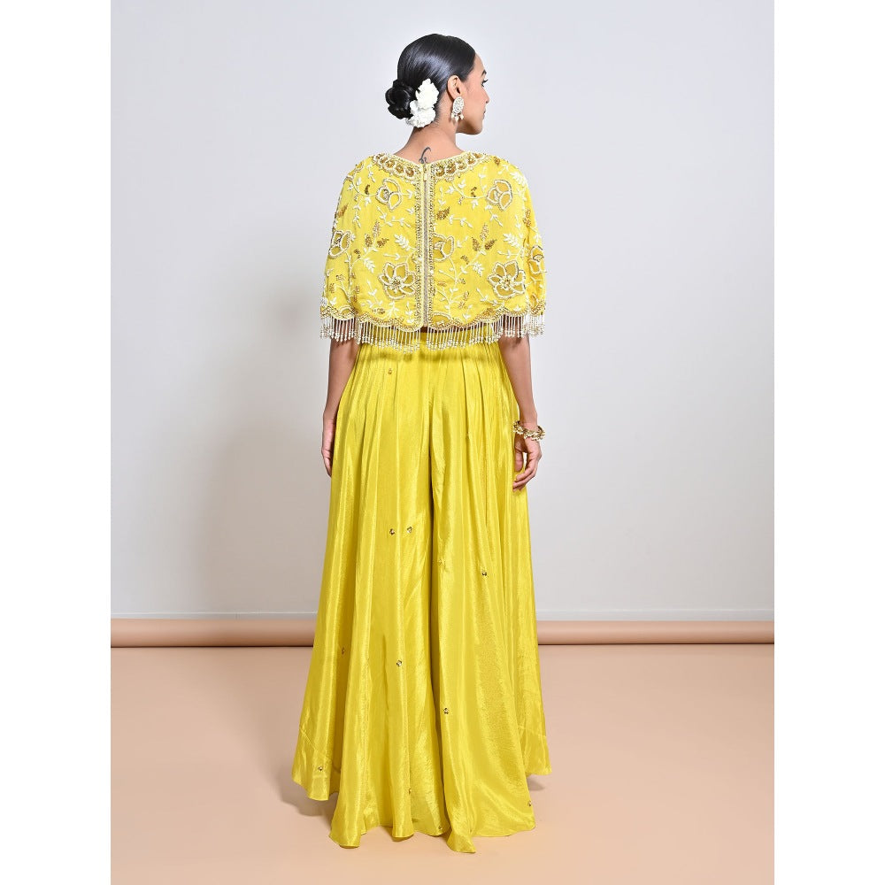 KEITH GOMES Yellow Embroidered Cape with Slip and Palazzo