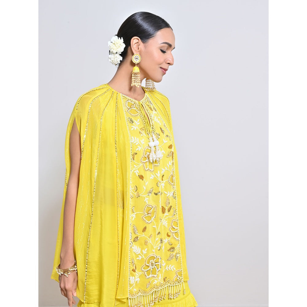 KEITH GOMES Yellow Embroidered Tunic with Sharara and Slip