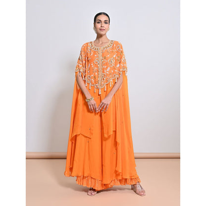 KEITH GOMES Orange Embroidered Cape with Palazzo and Slip