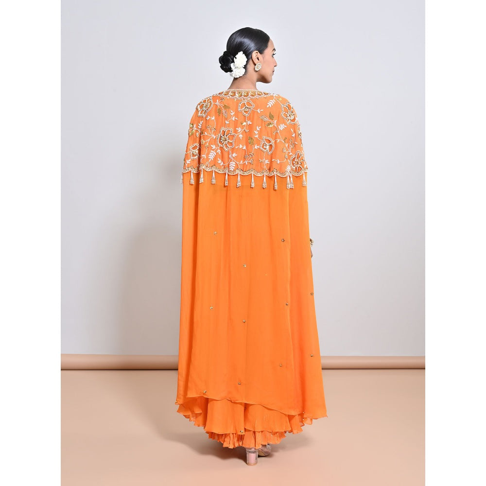 KEITH GOMES Orange Embroidered Cape with Palazzo and Slip