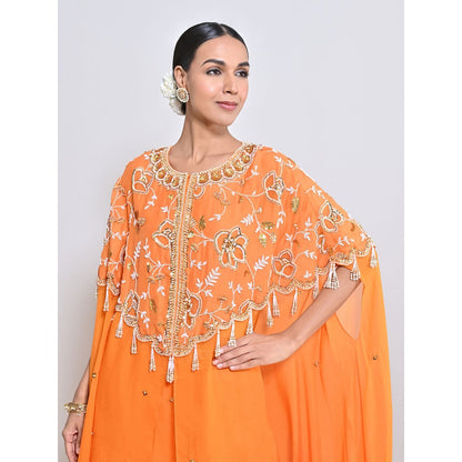KEITH GOMES Orange Embroidered Cape with Palazzo and Slip