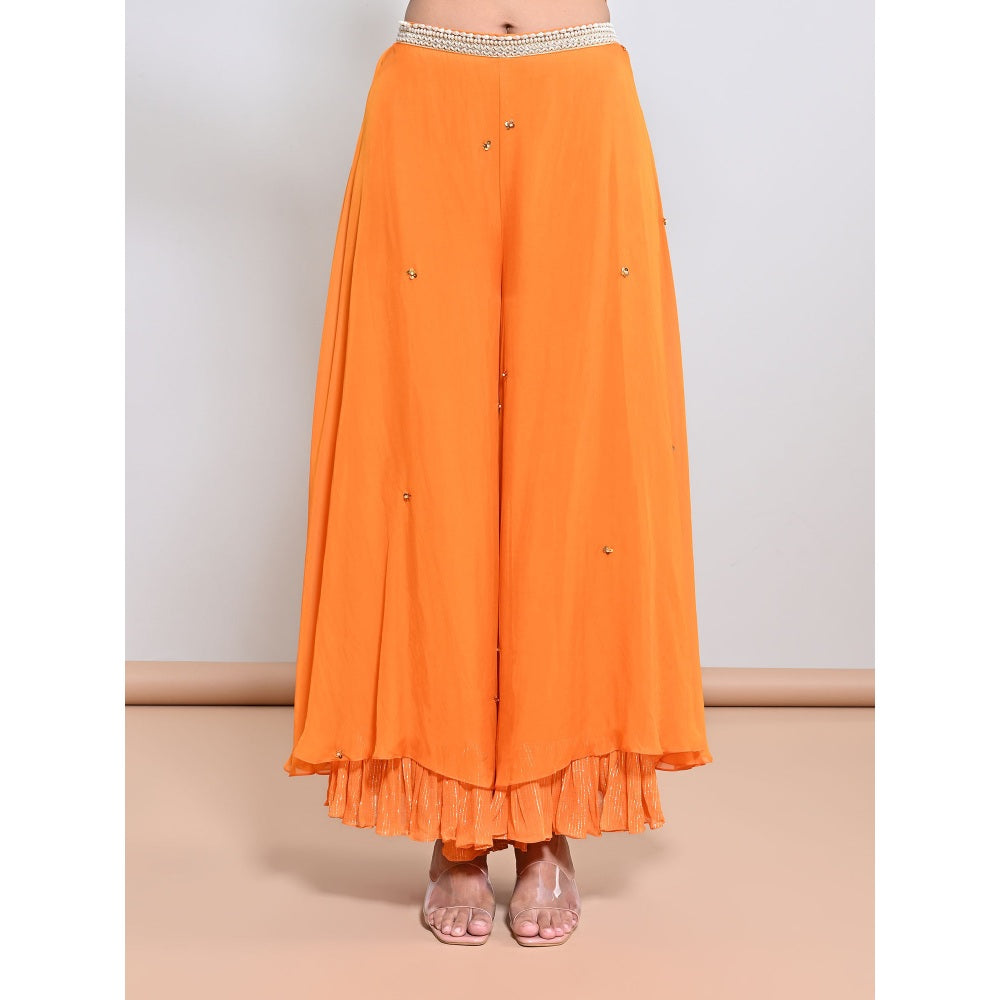 KEITH GOMES Orange Embroidered Cape with Palazzo and Slip