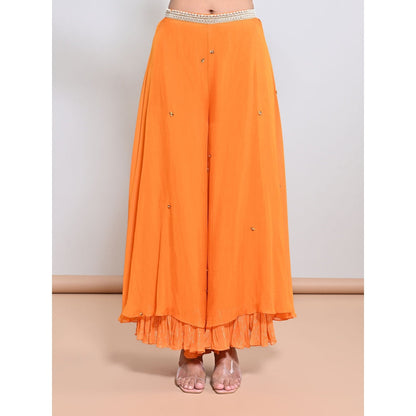 KEITH GOMES Orange Embroidered Cape with Palazzo and Slip