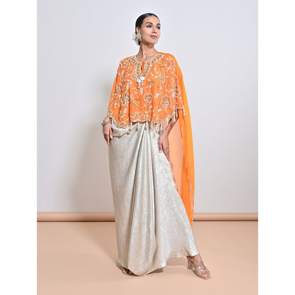 KEITH GOMES Orange Cape with Drape Skirt and Blouse