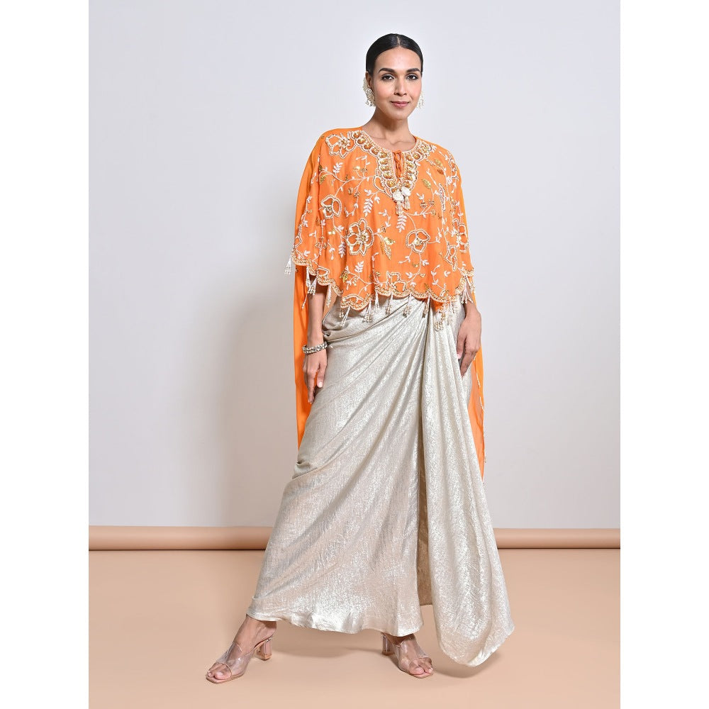 KEITH GOMES Orange Cape with Drape Skirt and Blouse