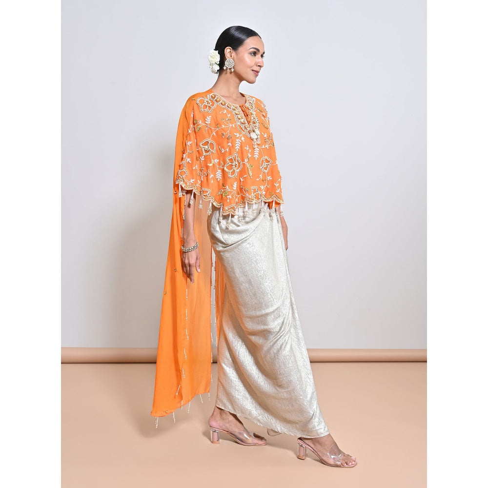 KEITH GOMES Orange Cape with Drape Skirt and Blouse
