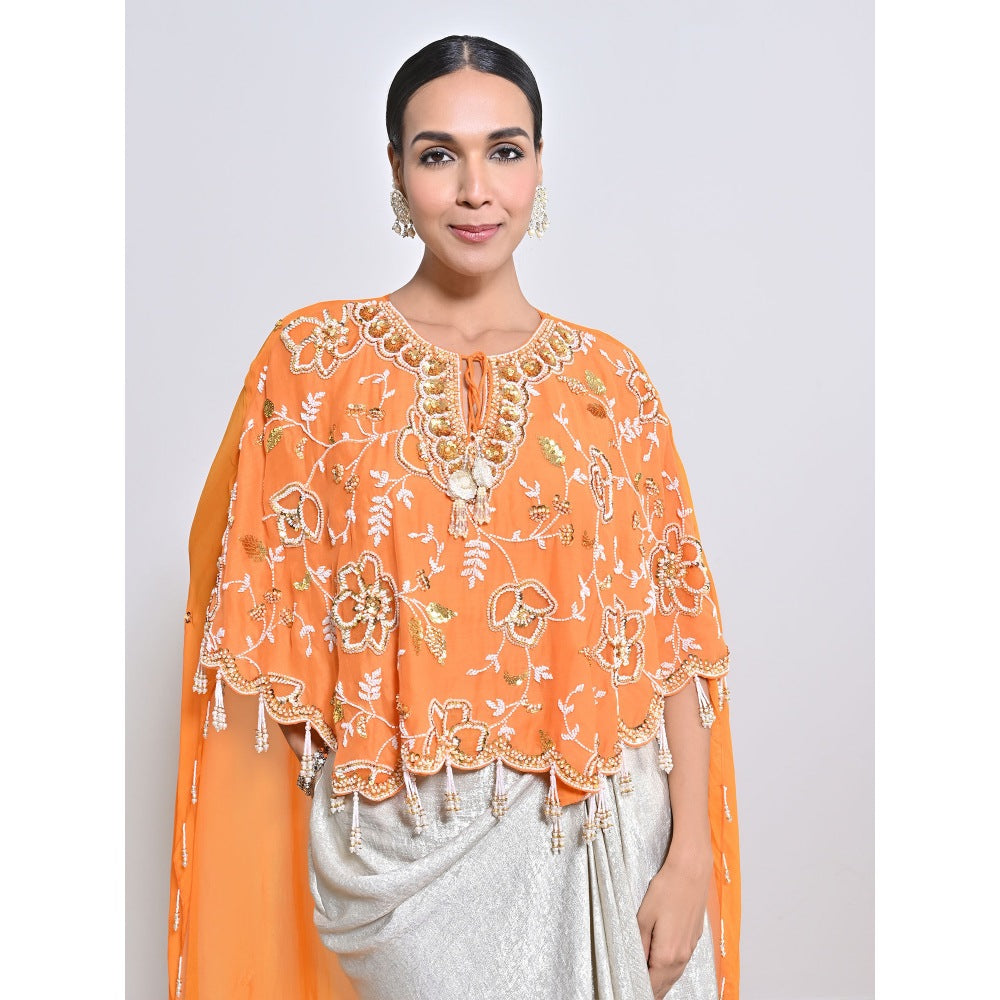 KEITH GOMES Orange Cape with Drape Skirt and Blouse