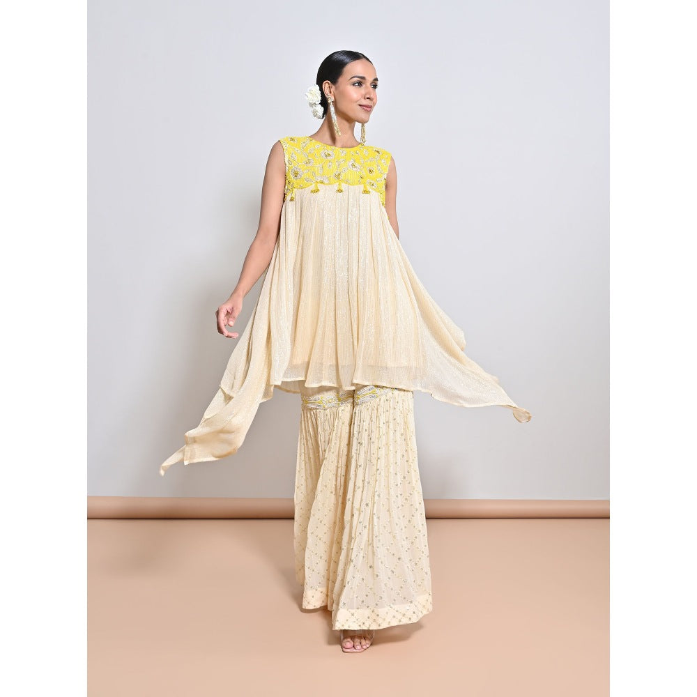 KEITH GOMES Yellow Embroidered Peplum Top with Sharara