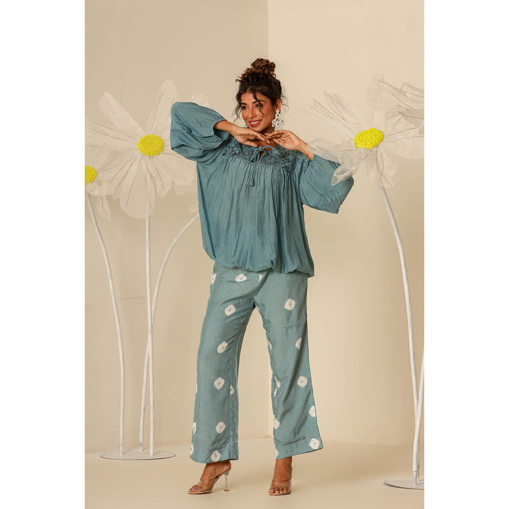 Keva Clothing Mul Embroidered & Bandhani Green Top with Pant (Set of 2)