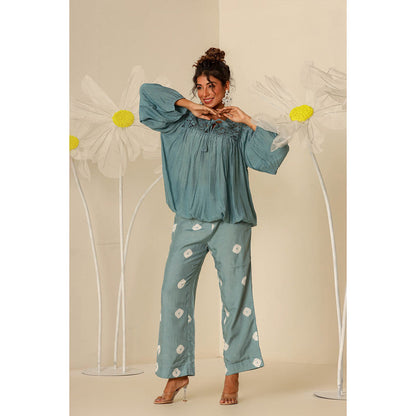 Keva Clothing Mul Embroidered & Bandhani Green Top with Pant (Set of 2)