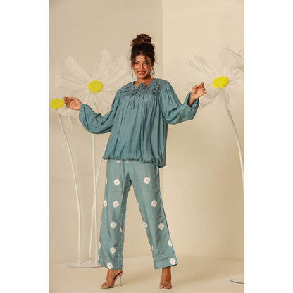 Keva Clothing Mul Embroidered & Bandhani Green Top with Pant (Set of 2)