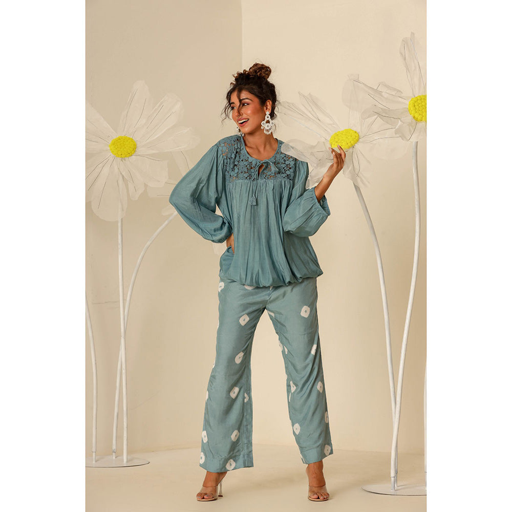 Keva Clothing Mul Embroidered & Bandhani Green Top with Pant (Set of 2)