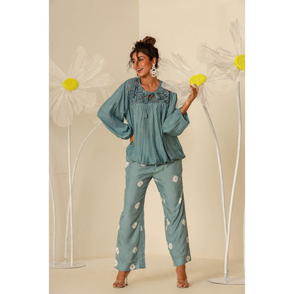 Keva Clothing Mul Embroidered & Bandhani Green Top with Pant (Set of 2)