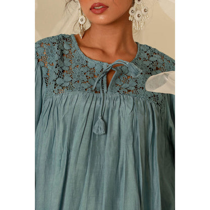 Keva Clothing Mul Embroidered & Bandhani Green Top with Pant (Set of 2)