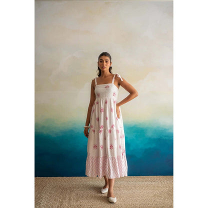 Keva Clothing Women White Muslin Abstract Midi Dress