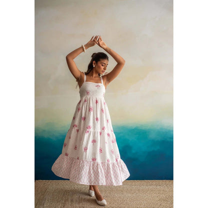 Keva Clothing Women White Muslin Abstract Midi Dress