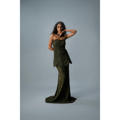 KHUMAAR SHUCHI BHUTANI The Olive Empress Top with Skirt and neckpiece