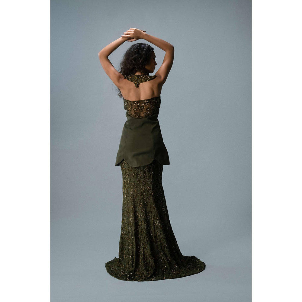 KHUMAAR SHUCHI BHUTANI The Olive Empress Top with Skirt and neckpiece