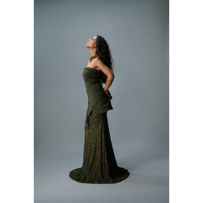 KHUMAAR SHUCHI BHUTANI The Olive Empress Top with Skirt and neckpiece