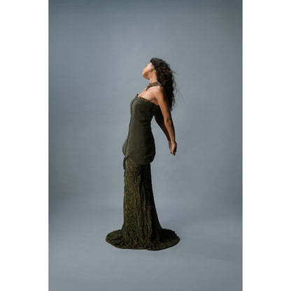 KHUMAAR SHUCHI BHUTANI The Olive Empress Top with Skirt and neckpiece