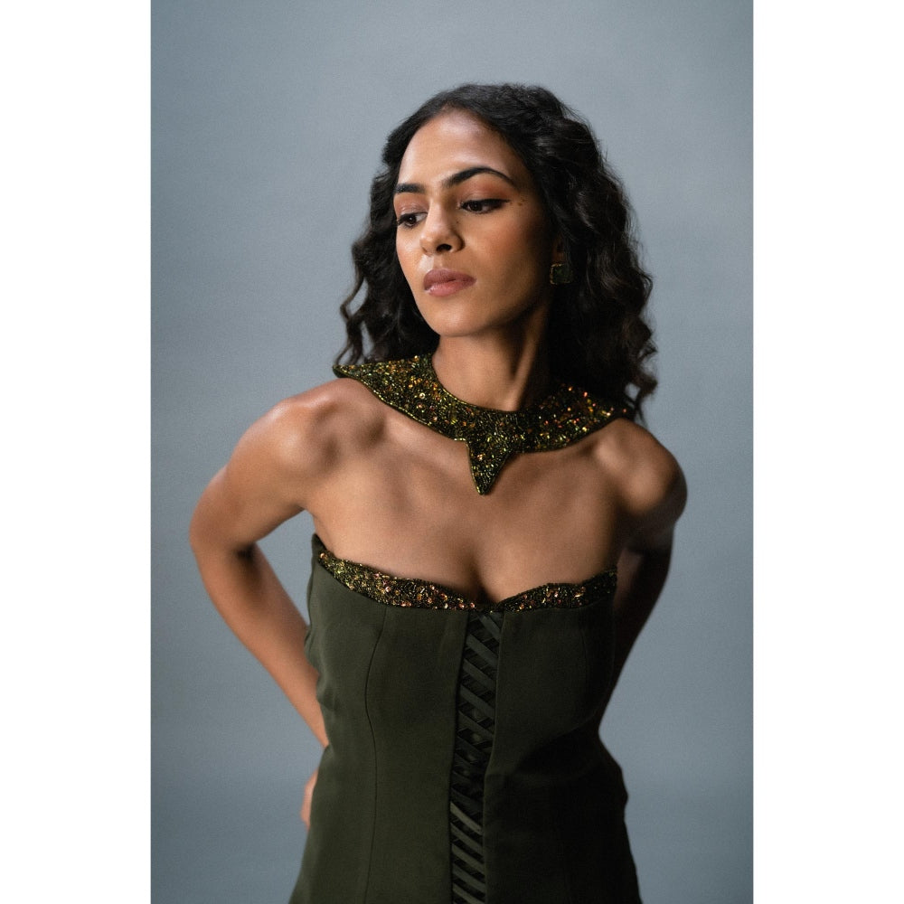 KHUMAAR SHUCHI BHUTANI The Olive Empress Top with Skirt and neckpiece