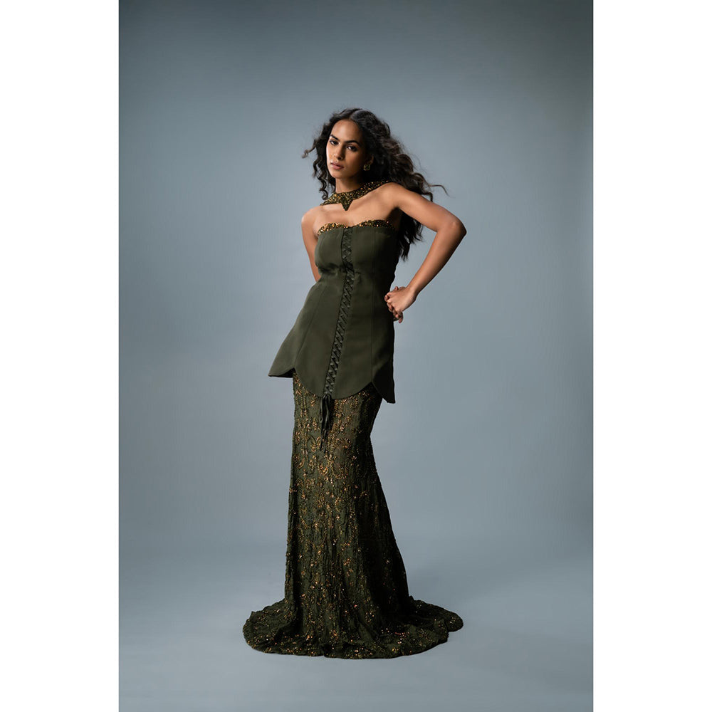 KHUMAAR SHUCHI BHUTANI The Olive Empress Top with Skirt and neckpiece