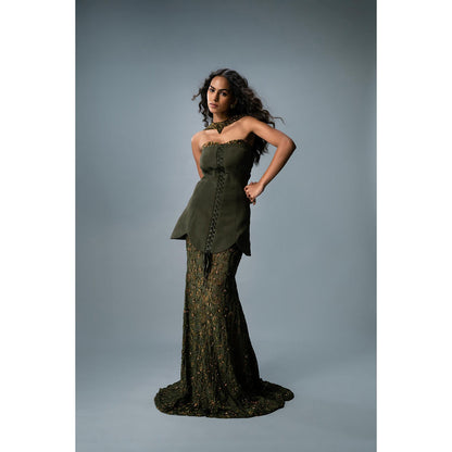 KHUMAAR SHUCHI BHUTANI The Olive Empress Top with Skirt and neckpiece