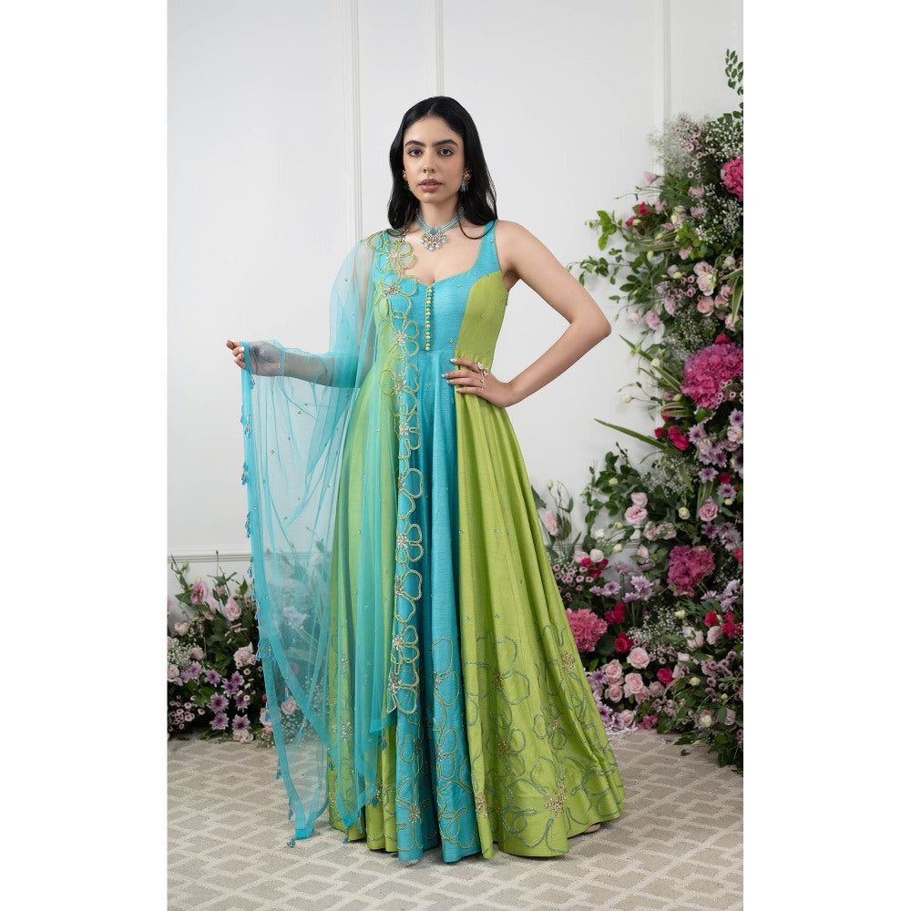 Kiran Kalsi Green and Blue Embroidered Anarkali Kurta and Dupatta (Set of 2)