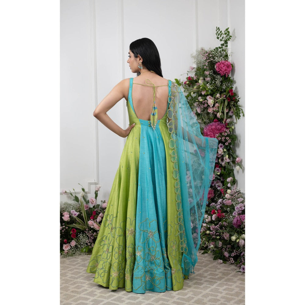 Kiran Kalsi Green and Blue Embroidered Anarkali Kurta and Dupatta (Set of 2)