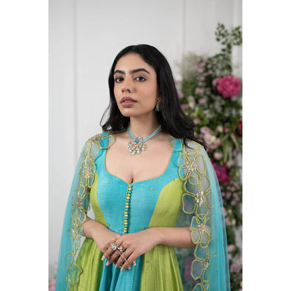 Kiran Kalsi Green and Blue Embroidered Anarkali Kurta and Dupatta (Set of 2)