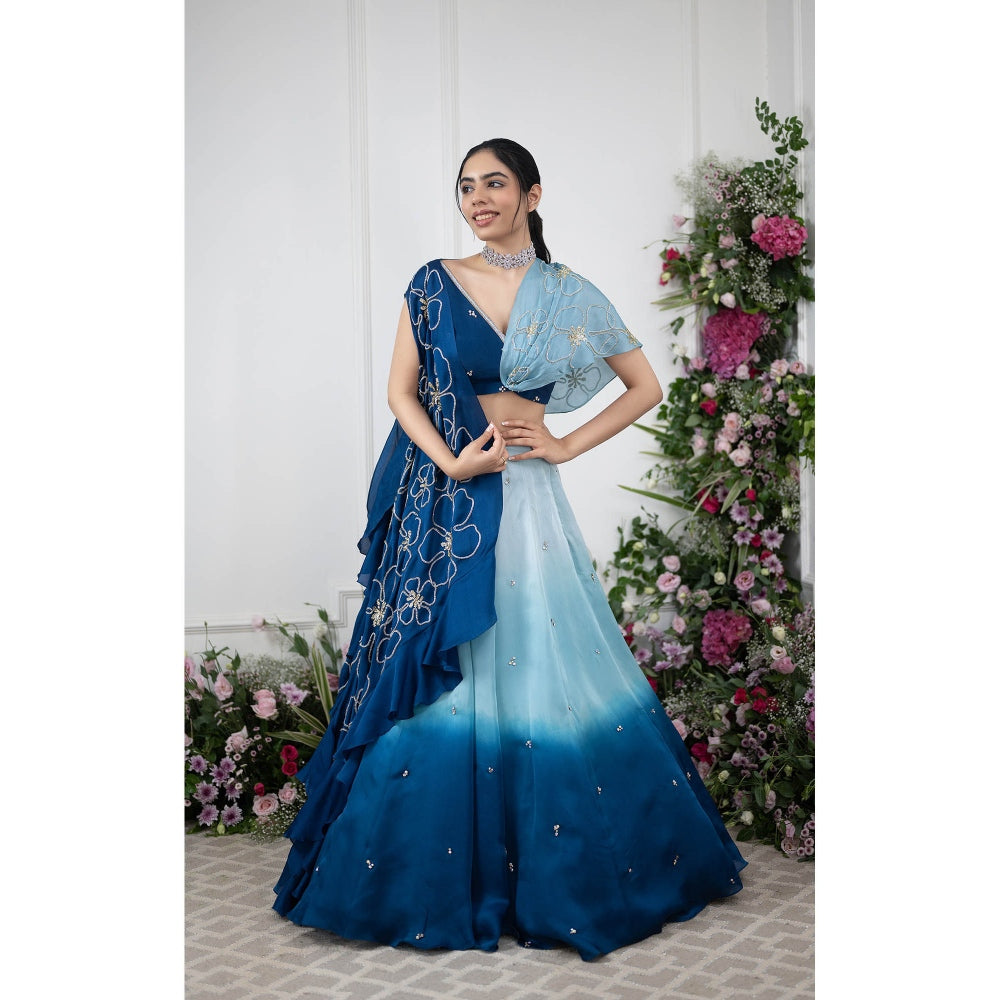 Kiran Kalsi Blue Ombre Embroidered Lehenga with Blouse and Cape (Set of 3)