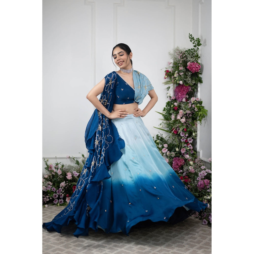 Kiran Kalsi Blue Ombre Embroidered Lehenga with Blouse and Cape (Set of 3)