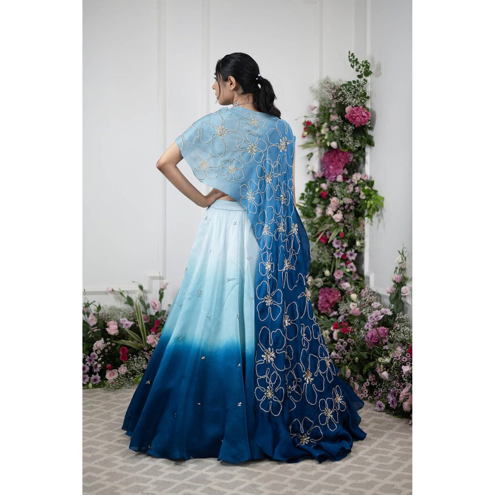 Kiran Kalsi Blue Ombre Embroidered Lehenga with Blouse and Cape (Set of 3)