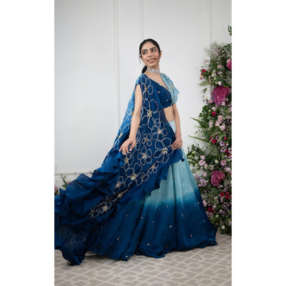 Kiran Kalsi Blue Ombre Embroidered Lehenga with Blouse and Cape (Set of 3)