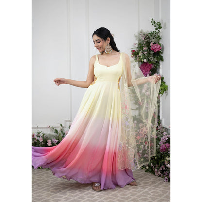 Kiran Kalsi Lemon Yellow Ombre Sequined Anarkali and Dupatta (Set of 2)