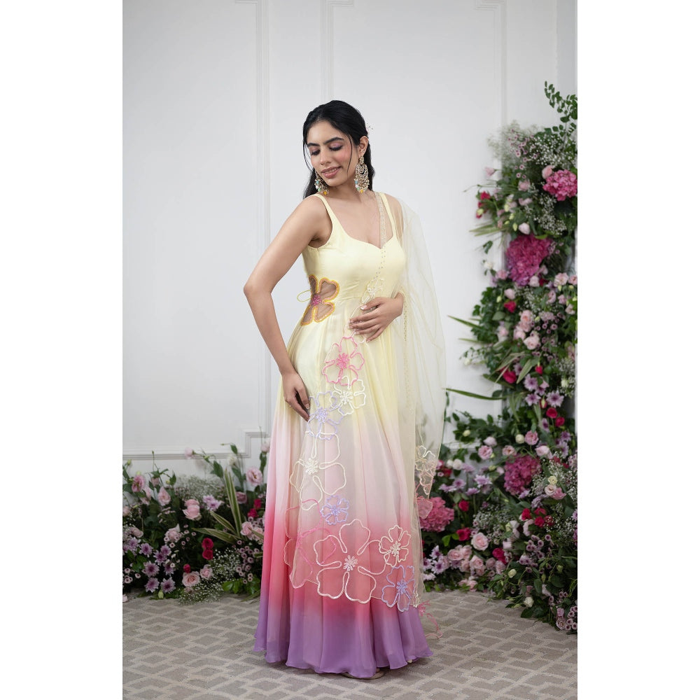 Kiran Kalsi Lemon Yellow Ombre Sequined Anarkali and Dupatta (Set of 2)